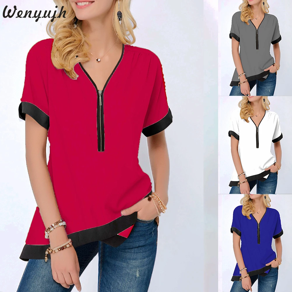 

Wenyujh 2019 Womens Short Sleeve Zipper T-Shirt Solid New Fashion Casual V-neck Patchwork Slim Fit Tops Female Summer Simple Tee