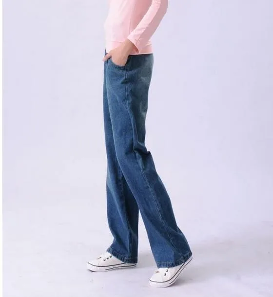 Женские весенние брюки больших размеров с эластичной резинкой на талии, свободные широкие брюки, женские осенние прямые джинсы из хлопка