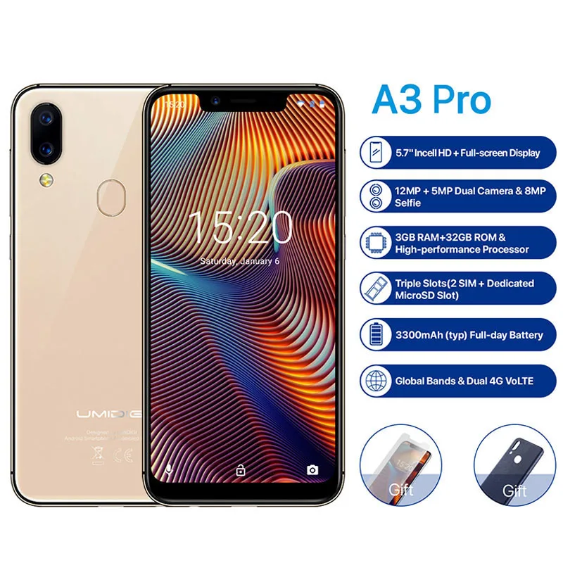 UMIDIGI A3 Pro 5,7 "19:9 полный Экран смартфон 3 GB + 32 GB Android 8,1 12MP + 5MP мобильного телефона двойной 4G GSM + FHD + OTG разблокирована мобильный телефон