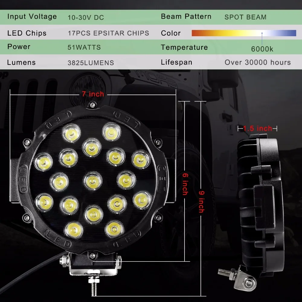 7 дюймов 51 Вт светодиодный рабочий свет точечный луч дальнего света для внедорожного грузовика трактор ATV SUV УАЗ Авто 4WD 4x4 рампа 12 В 24 В 6500 к автомобильная лампа