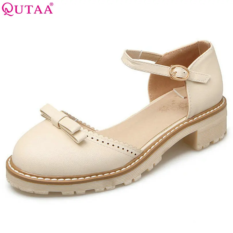 QUTAA 2017 Women Pumps Ladies Shoes PU Leather Square Low Heel Round Toe Ankle Strap Bow