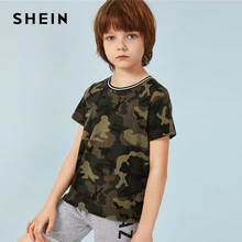 SHEIN/детская футболка в полоску с камуфляжным принтом для мальчиков, детская одежда, г. Летняя Повседневная футболка для подростка с короткими рукавами, топы