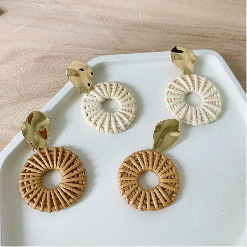 

Korean Earrings 2019 Female Ear Rings Rattan Wooden Earrings Bamboo Rattan Hand-woven Round Earrings Bohemian Summer Jewelry