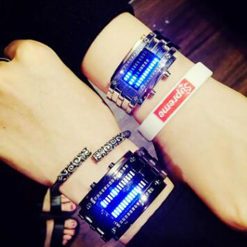 

2018 Fashion Creative Luxury Lovers' Wristwatch Men Women Steel blue Binary Luminous LED Electronic Sport Watches Smart Watch