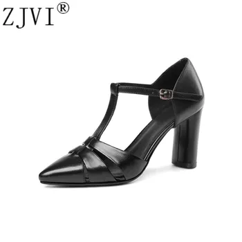 

ZJVI women fashion genuine leather cut outs summer punps womens pointed toe ladies thick high heels shoes woman 2019 sexy shoes
