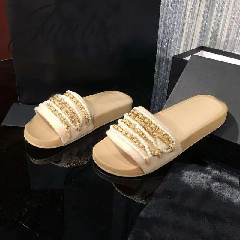 

JUNBIE New Black Beige Genuine Leather Metal Chain Summer Slippers Open Toe Beach Party Slippers Shoes Women
