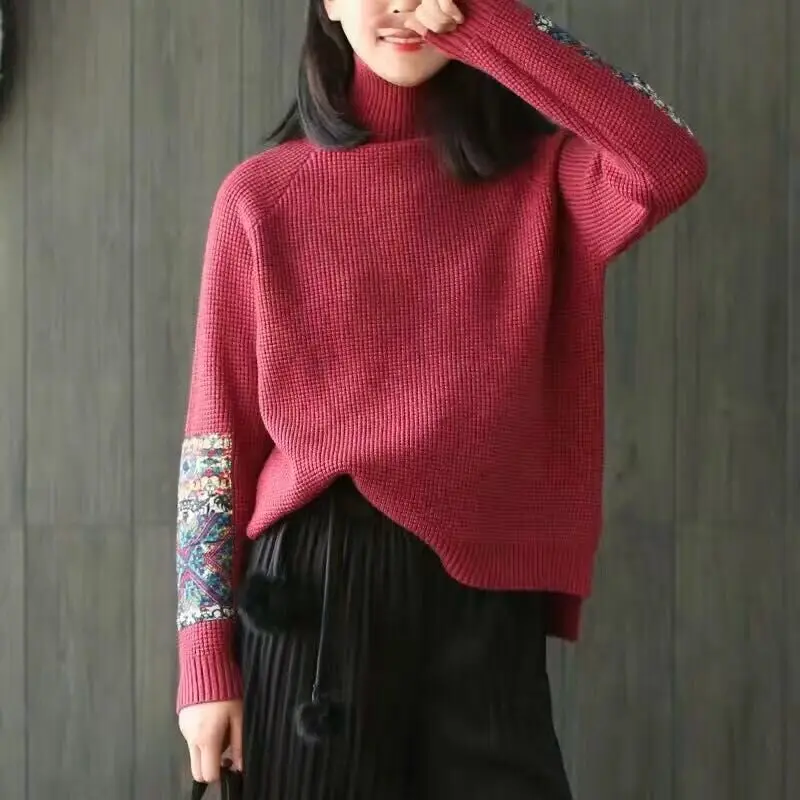 

2016 Vintage Flower Patches Knitted Women Sweater And Pullovers Autumn Women Turtleneck Sweater Pull Femme Women Pullovers