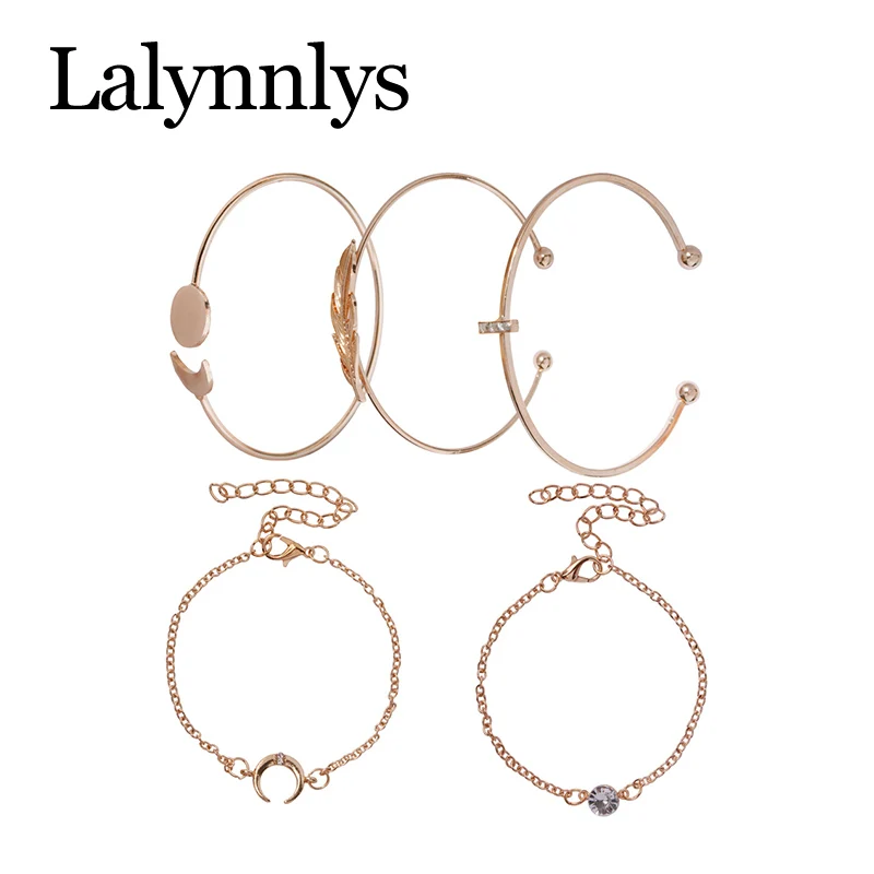 Lalynnlys, модный, металлический, лист, луна, многослойный браслет для женщин, золотой цвет, стразы, браслеты для пляжа, ювелирные изделия B09541
