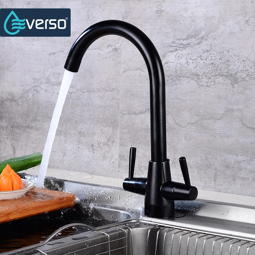 EVERSO Brass Black Kitchen Faucet 360 Rotating Kitchen Sink Faucet Chrome Dual Holder Single