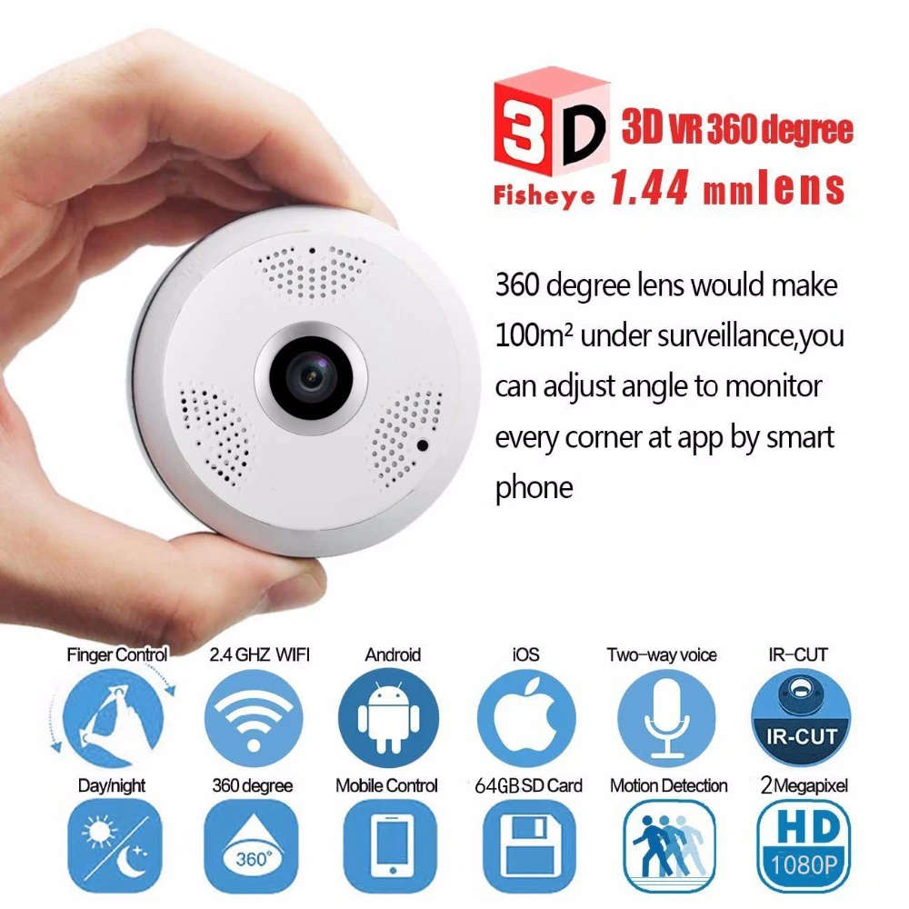 Круики 1080P 3D VR CCTV Wi Fi IP камера 360 градусов рыбий глаз ночное видение панорама