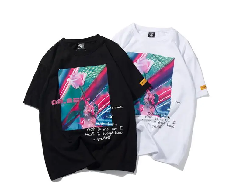 

Summer Streetwear Mens Rose Flower Printed Casual Short Sleeve T-Shirt