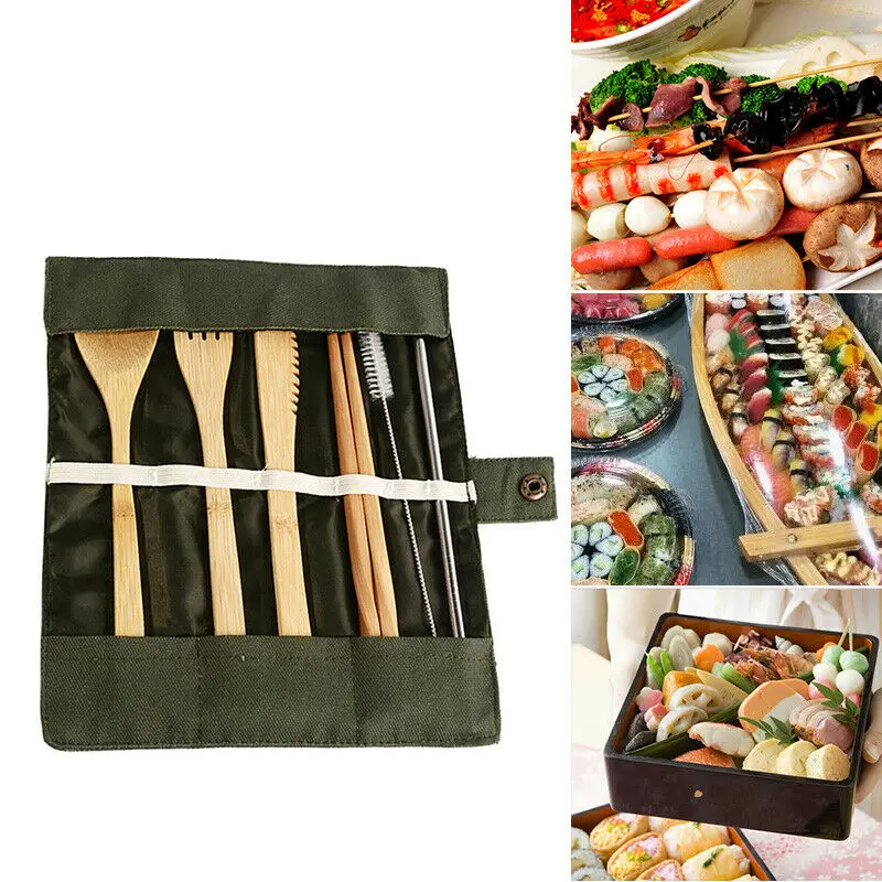 

6PC Bamboo Flatware Cutlery Set Reusable Bamboo Straw Dinnerware Set with Cloth Bag Knives Fork Spoon Chopstick Travel Wholesale