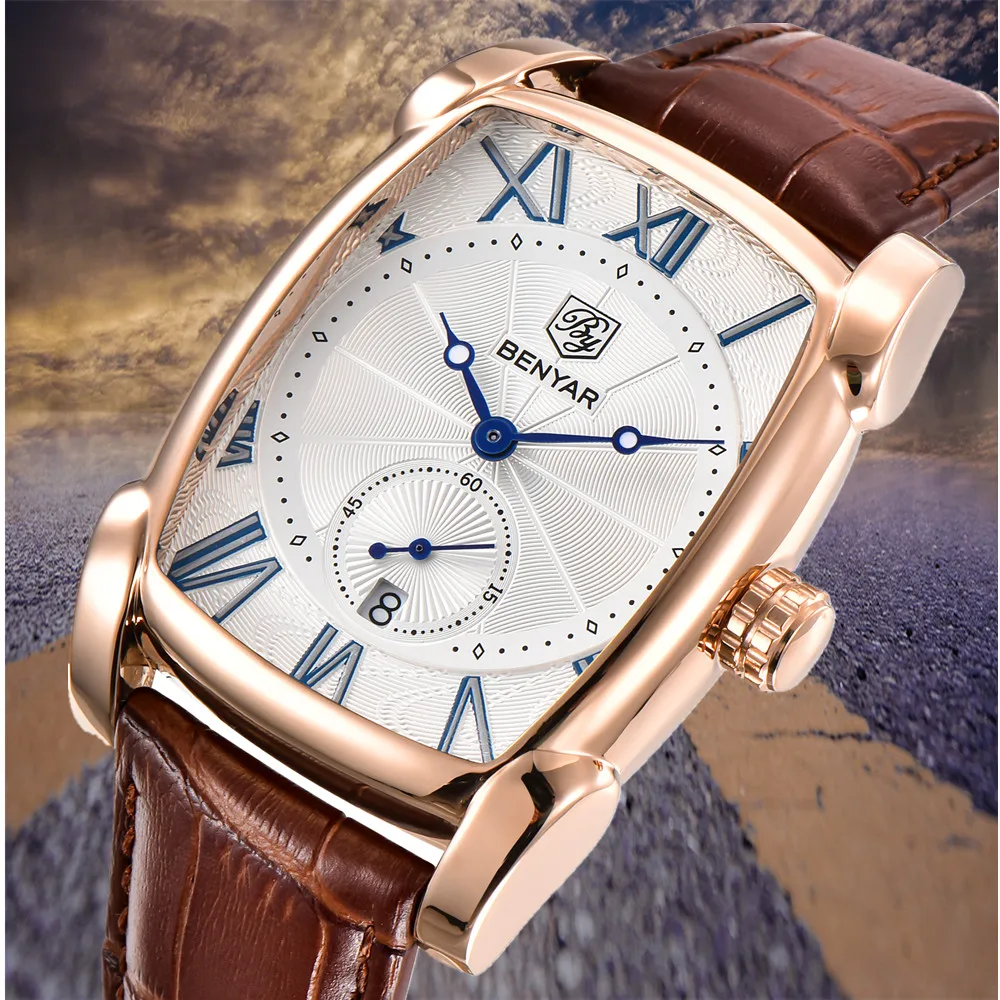 

BENYAR Brand Business Men Watch Reloj Hombre Waterproof Leather Rectangle Quartz Watches Male Clock Relogio Masculino saat erkek