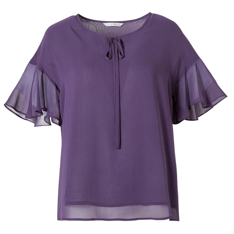 Women Summer Blouese 100% REAL SILK Georgette Purple Blouse Short Bat Sleeved Office Lady Shirt 201