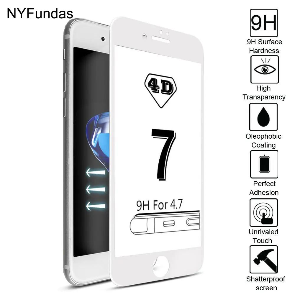 NYFundas For iPhone 7 Plus 8 6 6S X Tempered Glass Screen Protector Full Coverage 4D Curved 5D 3D verre trempe Cover Accessories (1)