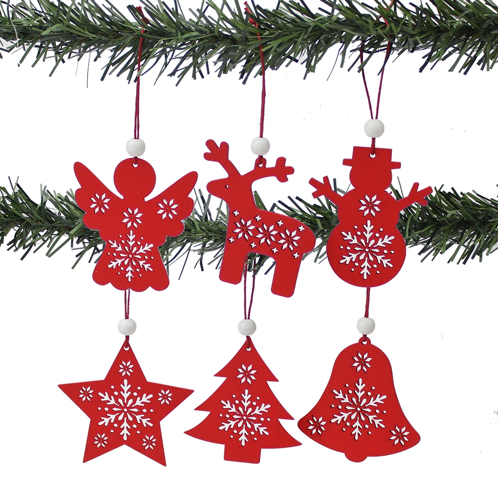 HUADODO Set of 6 Red and White Wooden Tree Deer Snowman Christmas Decorations Pendants Ornaments for Xmas Tree, Home Party, and Kids Gift image 5