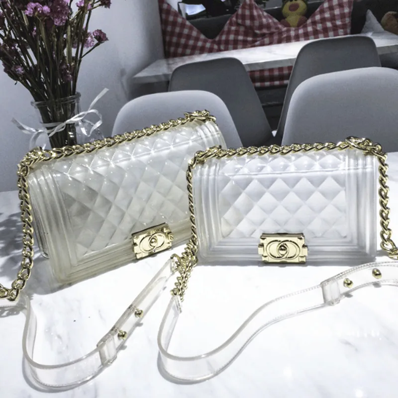 

2019 Fashion Girl Transparent Messenger Bags Chic Colorful Jelly Chain Bags Luxury Handbags Diamond Lattice Women Bag Sac A Main