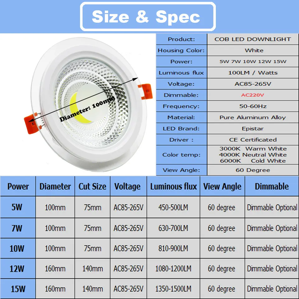 GD 4pcs COB LED Downlight Dimmable 5W 7W 10W 12W 15W Round Spot LED Panel Light AC85-265V Recessed LED COB Spot Light W/ Driver