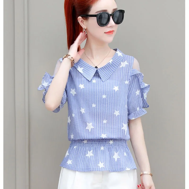 Women Spring Autumn Style Chiffon Blouses Shirts Lady Casual Peter pan Collar Striped Blusas Tops DF1728 Blouses