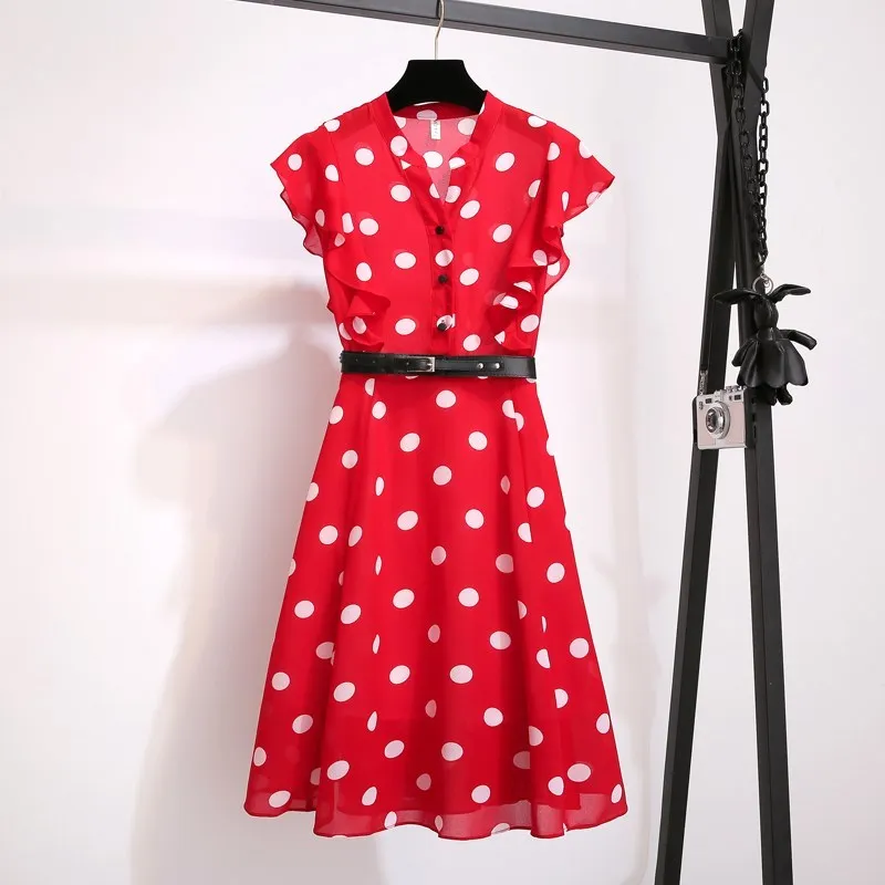 

2019 Fashion Summer Polka Dot Dress Women Elegant V Neck Belted Chiffon Dresses Red Green Midi Dress Ruffles Sleeve Vestido