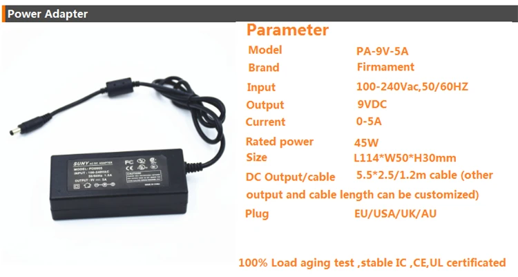 100-240Vac вход переменного тока, 45 Вт 9V 5A адаптер питания, 5,5*2,5, 5,5*2,1 порт CE UL трансформатор в списке, светодиодный источник питания с AU/US/EU/UK розетки
