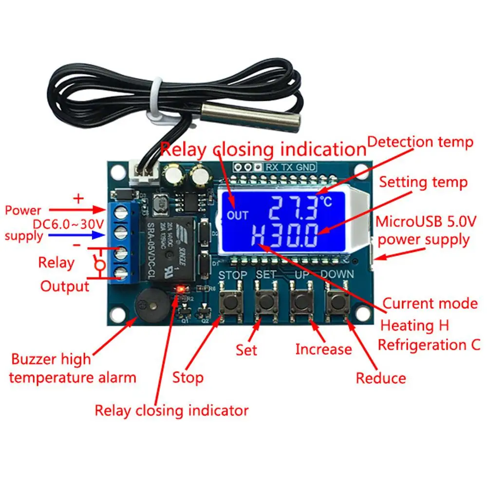 Термостата охлаждения и нагрева Температура контроллер ЖК-дисплей Дисплей с источником питания от постоянного тока, 6 V-30 V Цифровой Температура модуль контроллера