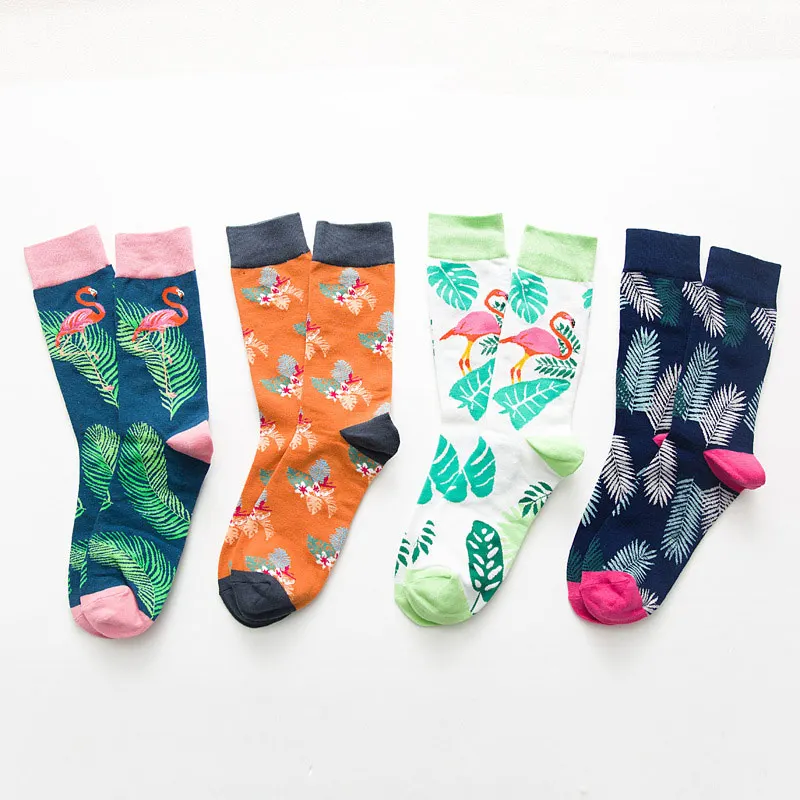 Новинка, хлопковые мужские спортивные носки с рисунком в виде листьев, повседневные носки унисекс в стиле хип-хоп с изображением фламинго, Длинные цветные носки