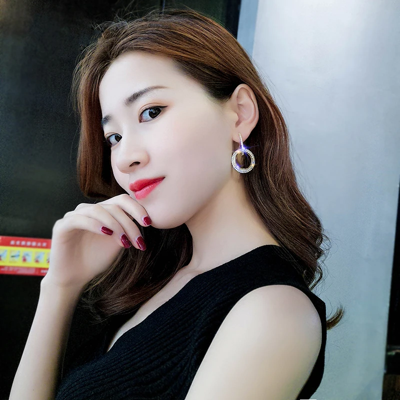 

New European temperament Korean personality wild 925 silver needle rhinestone circle crystal From Bulgaria long earrings