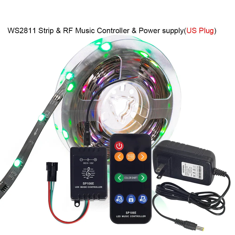 WS2811 цифровая светодиодная лента 12 в цвет мечты 30 светодиодный s/m RGB светодиодный светильник с музыкальным контроллером адаптер питания ws2811 Светодиодная лента - Испускаемый цвет: 106E Set US Plug