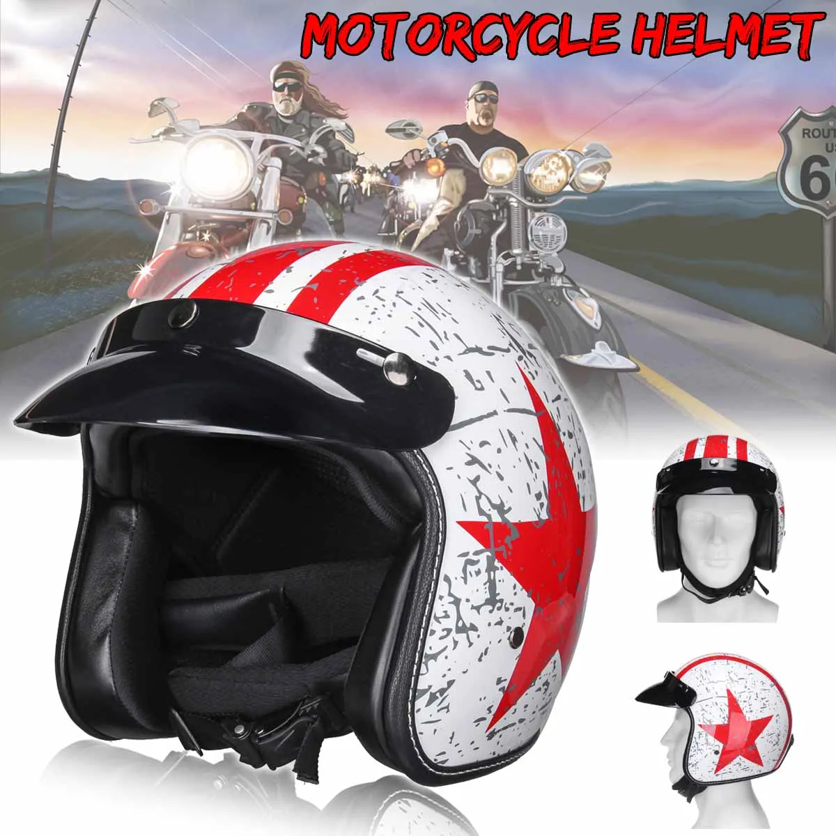 

Open Face 3/4 Head Protector Vintage Safety White Star Racer Motorcycle Scooter Helmet Motorcycle Accessories Protective Gears