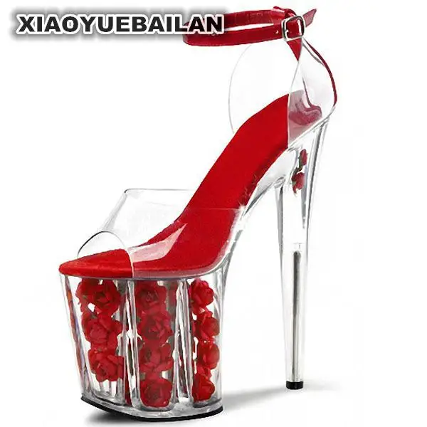 Romántica Novia Zapatos Cristal 20 Cm Etapa transparente Gran Boda Rosa Con Tacón Paquete Alto Sandalias Rojo Super De xwv0YqSv
