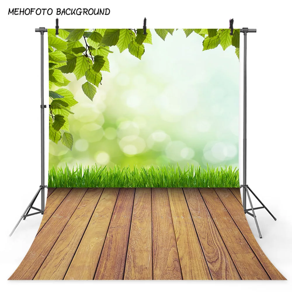 

MEHOFOTO Background Spring Scenery Backdrop Happy Easter Festival Photo Backgrounds Green Grass Wooden Floor Backdrops for Photo