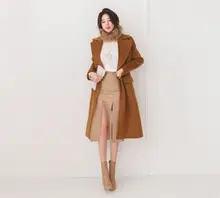 2016 New Arrival Autumn Winter Solid Women Overcoat Slim A-line Wool Coat Natural Fur Collar Double Breasted Cashmere Outerwear