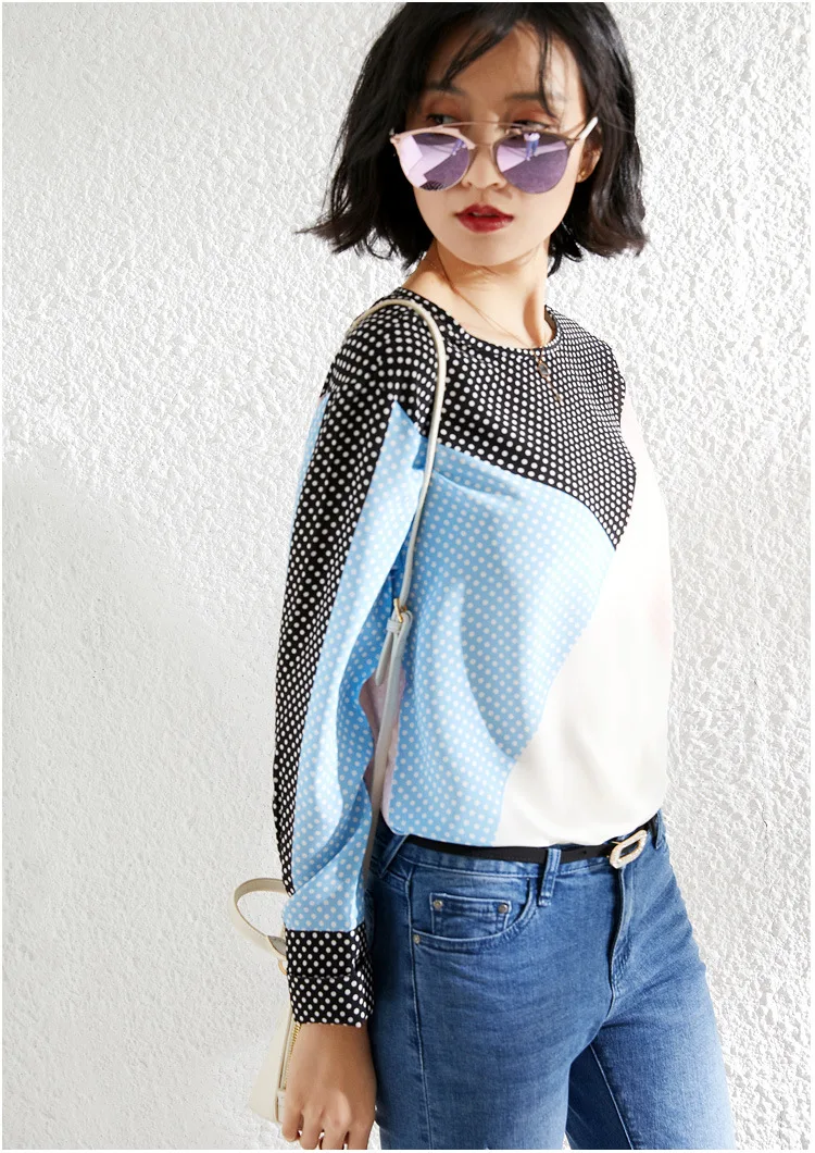 

PIXY Sky Blue Polka Dot Silk T Shirts Summer Long Sleeve Shirt Women Luxury Ladies Tops Pullover Tees Shirts Casual Clothes Chic