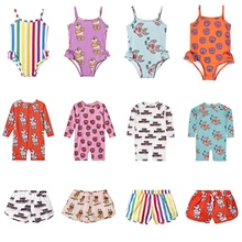 Детская одежда для купания; коллекция года; бренд Hugo; пляжный Цельный купальник с рисунком для девочек; летние детские костюмы в полоску для отдыха