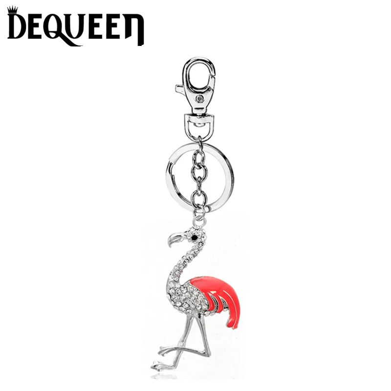 Dequeen Key Chain Crystal Red crowned Crane Keychain Jewelry Handmade Art Metal Pendant Keyring Key font