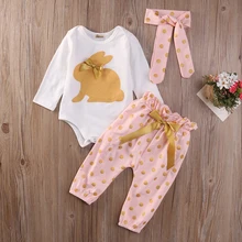 3Pcs Cute Newborn Infant Baby Girls Rubbit Outfits Clothes Summer Autumn Bunny Print Rompers Gold Dots Long Pants Outfits Set