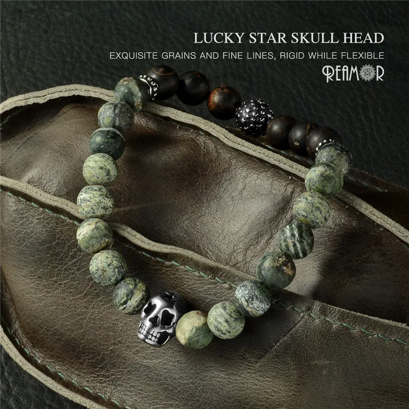 

RUIMO Natural Stone Bracelet Charm Punk Skull 316l Stainless Steel Bead Bracelet Men Jewelry 2019 Boyfriend Gift
