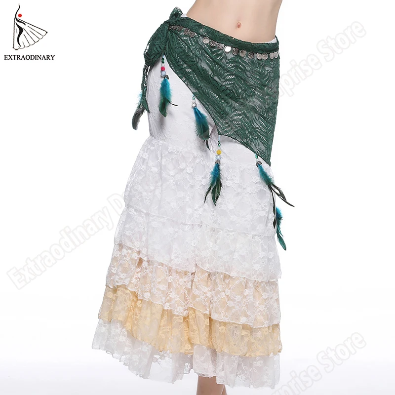 

Hip Scarf New Women Belly Dance Belt Shawl Costume Wrap Coins Bellydance Tribal Top Feather Fringe Accessories Green Color