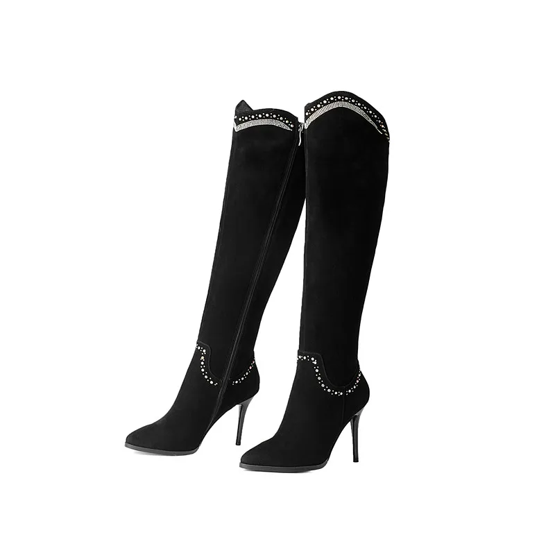 Morazora Mode Mince Chaussures Suede Élégantes Automne Talons Haute Kid Zip Hiver Genou Femmes Noir Femme Bottes Parti TrBHTRwq
