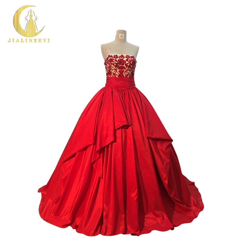 

JIALINZEYI Real Sample Strapless Red Embroidery Luxurious Taffeta Lace Up Length Party Formal Dresses Evening Dresses 2019