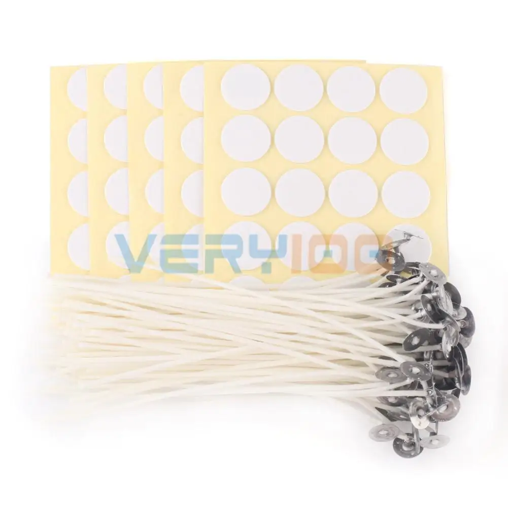 

NEW 100x 6/8Inch Candel Wicks Cotton Core Pretabbed Pre Waxed with Sustainers and Stickers for DIY Making Candles Accessories