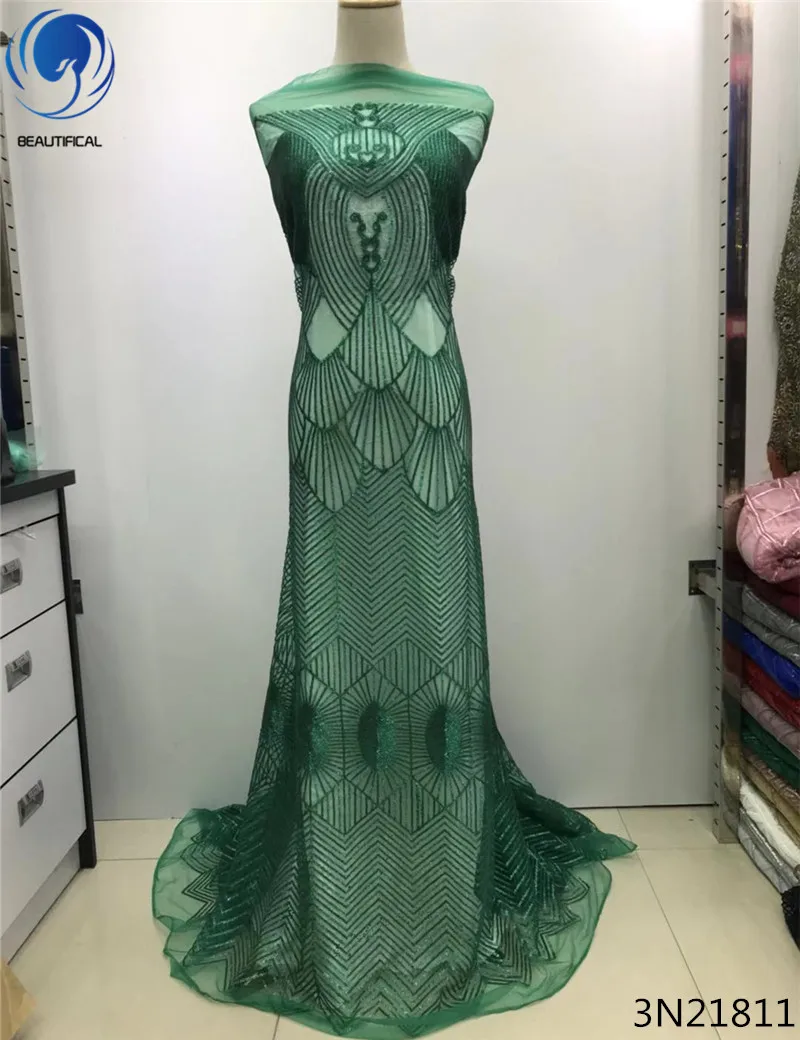 

Beautifical nigerian sequins laces african sequins lace fabric 2018 green lace tulle fabric 5yards/piece glitter patterns 3N218