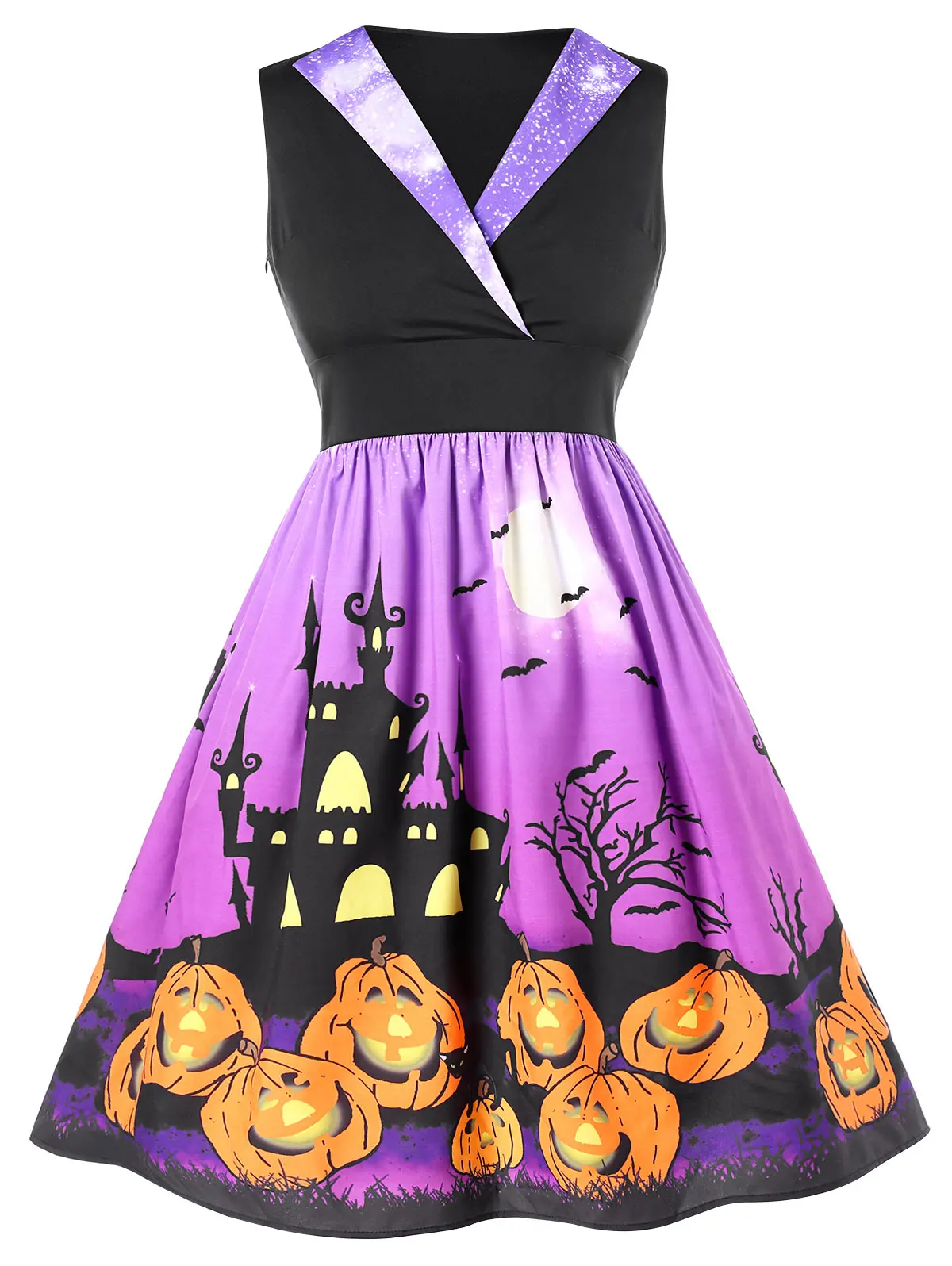Wipalo Plus Size Halloween Pumpkin Printed Vintage Dress Pin Up Surplice Fit And Flare High