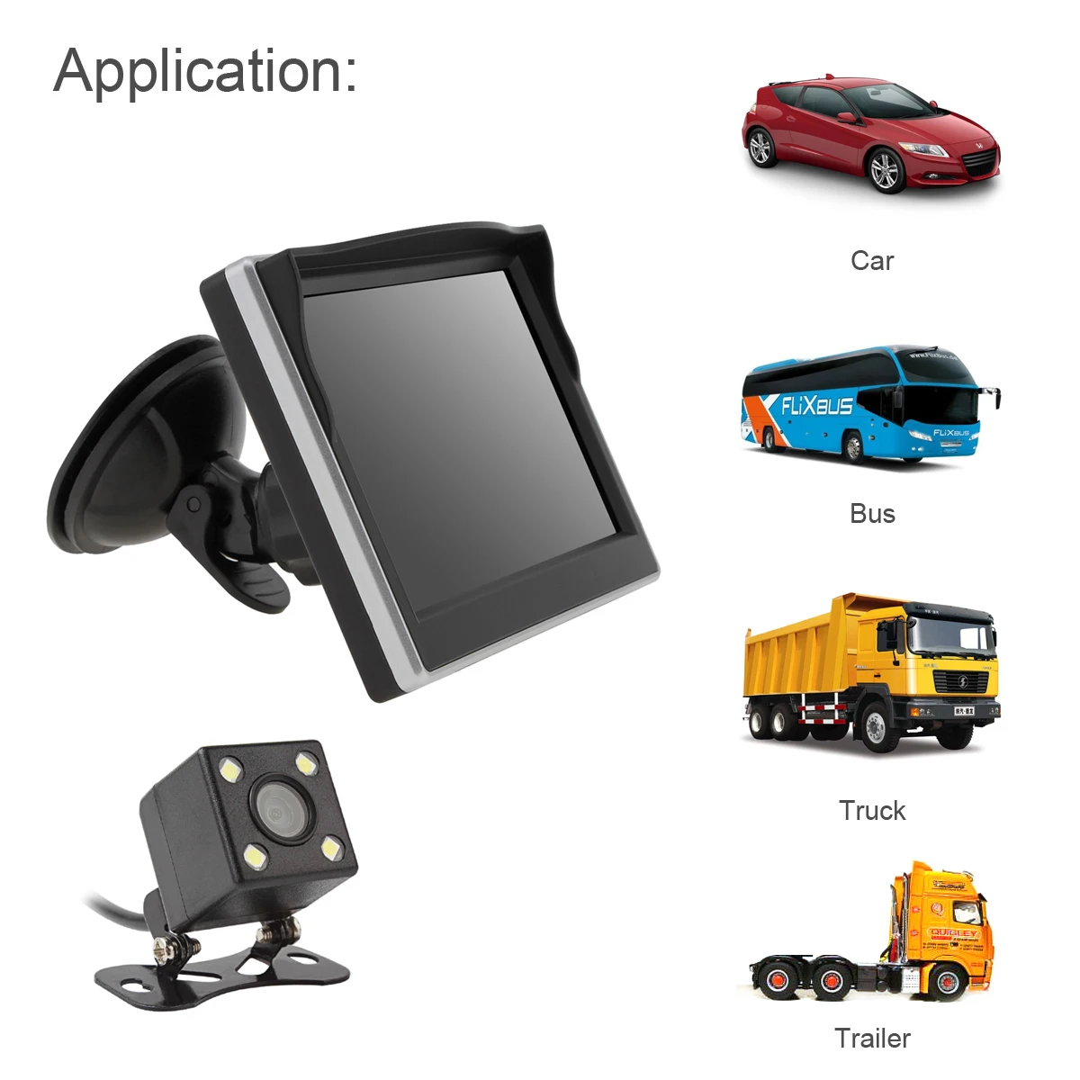 

5 Inch Car TFT LCD Monitor 800*480 16:9 Screen 2 Way Video Input +170 Degrees Wide Angle Lens Night Vision Rear View Camera