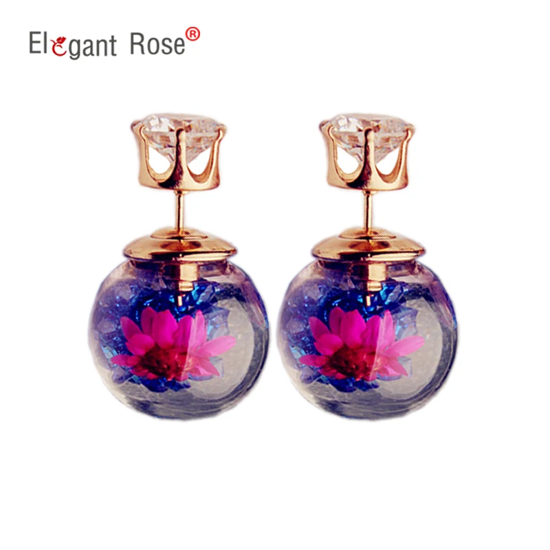 2017 Moda Flor Espécimes Pequeno Simulado Peças Dupla Face Bola de Cristal Do Parafuso Prisioneiro para As Mulheres da Jóia Do Casamento E1940