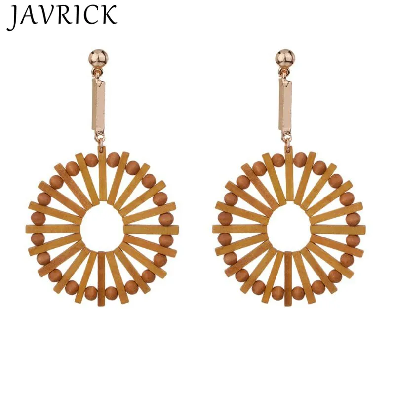

Handmade Weave Rattan Ethnic Wooden Big Circle Round Drop Earrings for Women