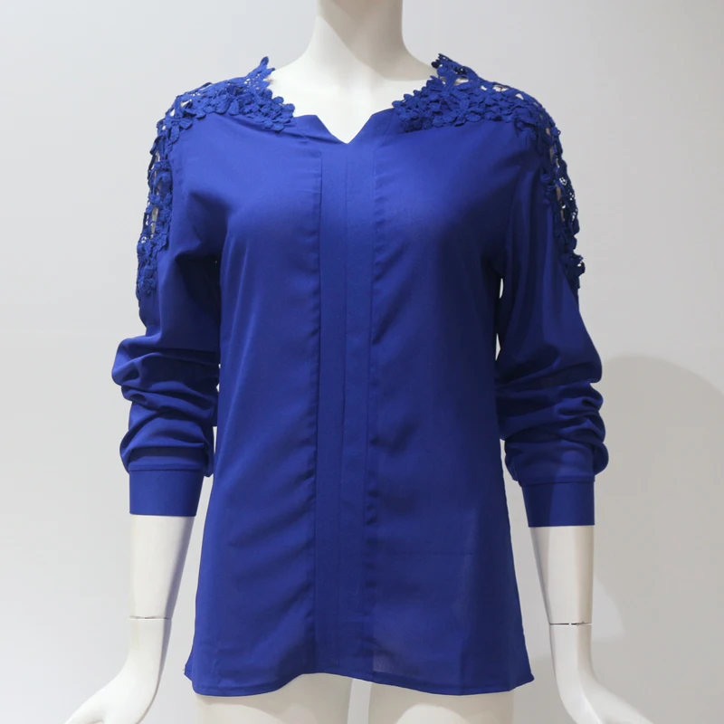 Rogi Осенняя кружевная шифоновая блузка женская с длинным рукавом и v-образным вырезом Повседневная рубашка Топы элегантные офисные женские блузы размера плюс
