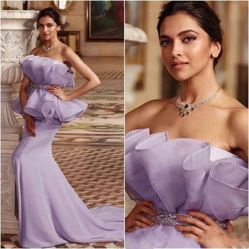 

Lavender Sexy Mermaid Formal Dress 2019 African Prom Party Dresses Strapless Crystals Satin Cheap Pageant Gowns Robe de soiree