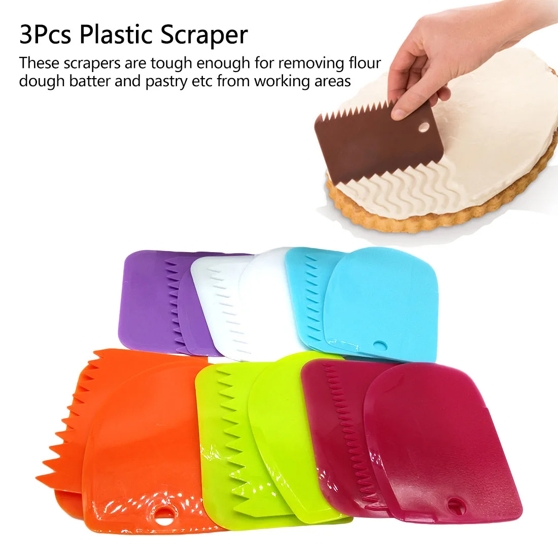 

Hot 3Pcs Plastic Dough Icing Fondant Scraper Cake Decorating Baking Pastry Tools Plain Smooth Jagged Edge Spatula Cutters